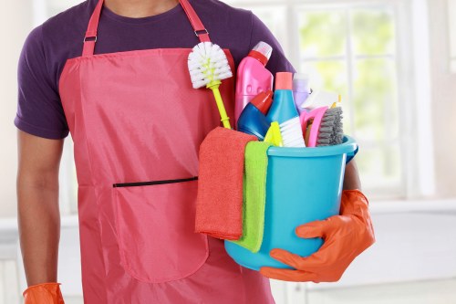 Professional office cleaning in a W2 workspace with desks and reception area
